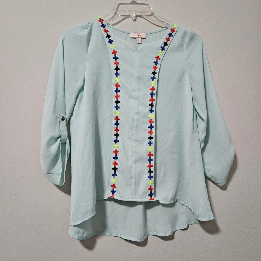 GB Girls Aqua Blue Embroidered Roll Tab Sleeve High Low Blouse Top Large